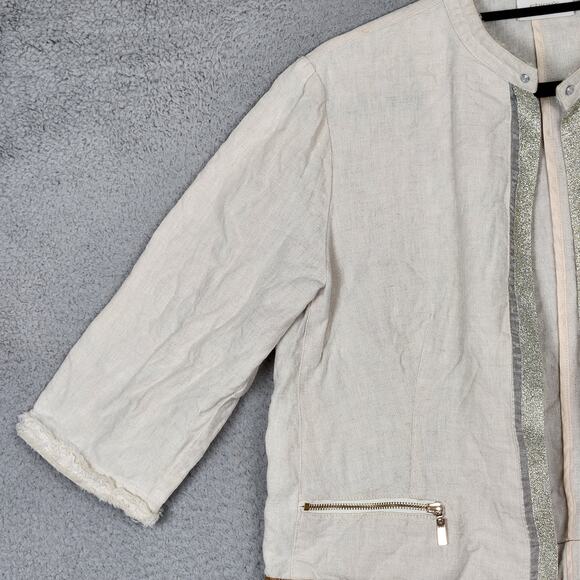 CHICOS Jacket Womens Size 2 US Large Beige Open Front 100% Linen Mandarin Collar - Picture 7 of 16